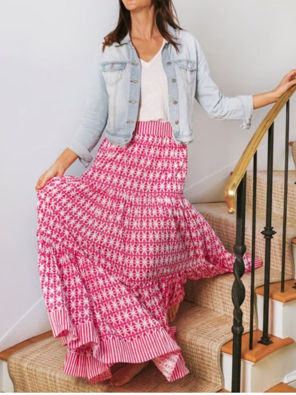 Brooks Avenue Women’s Pink Patterned Tiered Maxi Skirt with Elastic Waist - Picture 3 of 6